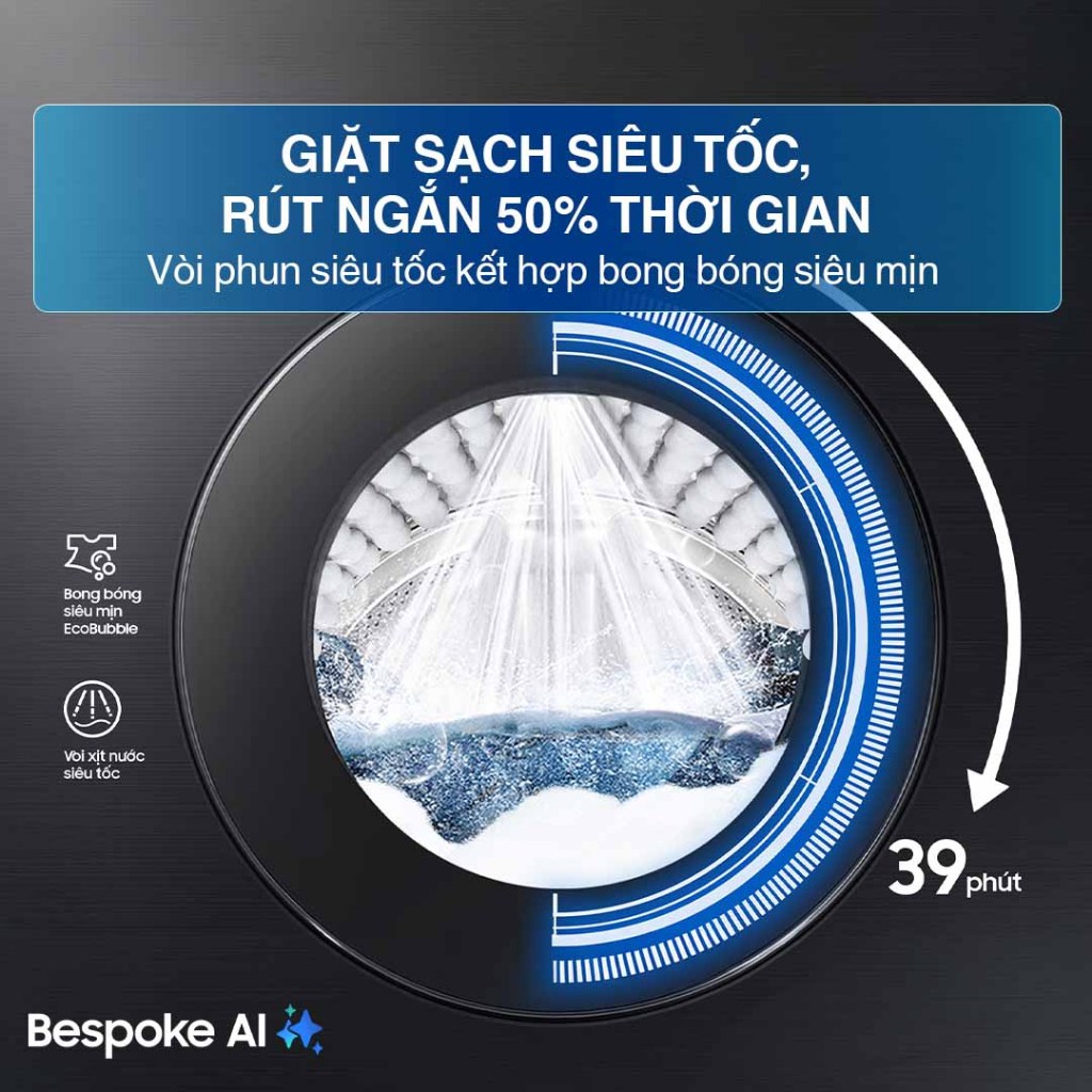 Máy giặt Samsung 10kg WW10DB7U34GBSV Bespoke AI™ - Giặt hơi nước Hygiene Steam, Màu Đen