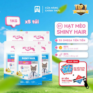 [MỚI] Hạt Cho Mèo MRVET E1 Combo 5 Gói 1KG Dưỡng Lông Chuyên Sâu Từ Dầu Cá Tinh Khiết, 80% Đạm Động Vật