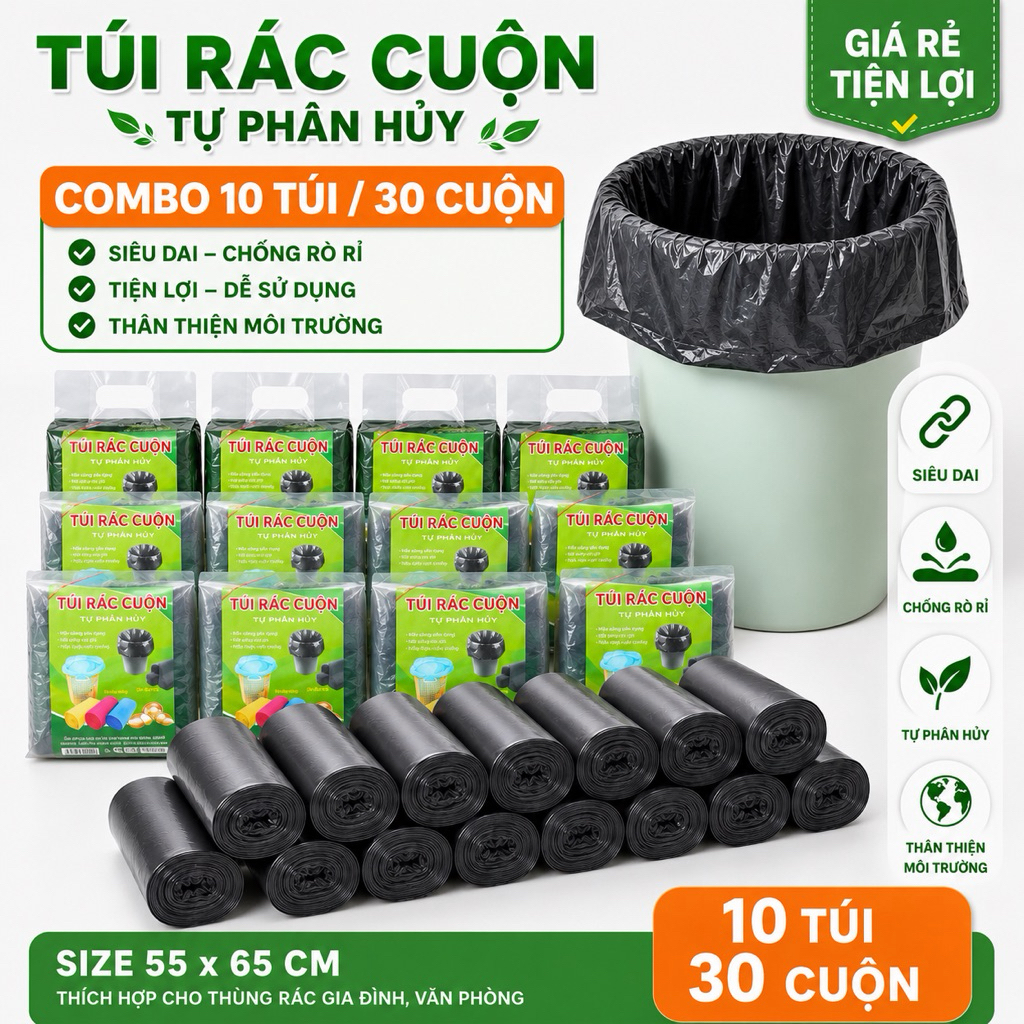 [ Combo 30 ] Cuộn Túi Nilong 500gr Đen - Tự Phân Hủy, Siêu Dày, Tiện Lợi Cho Gia Đình