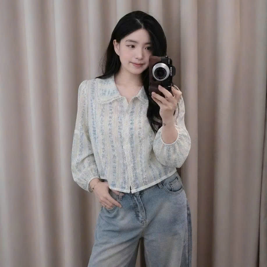 Áo Sơ Mi Nữ Tay Bồng Chất Thô Boi Hoa Dáng Croptop Viền Ren Vintage Thanh Lịch Joolate 1620