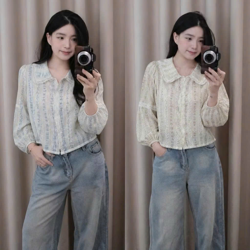 Áo Sơ Mi Nữ Tay Bồng Chất Thô Boi Hoa Dáng Croptop Viền Ren Vintage Thanh Lịch Joolate 1620