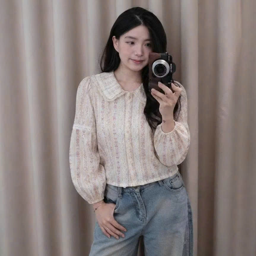 Áo Sơ Mi Nữ Tay Bồng Chất Thô Boi Hoa Dáng Croptop Viền Ren Vintage Thanh Lịch Joolate 1620