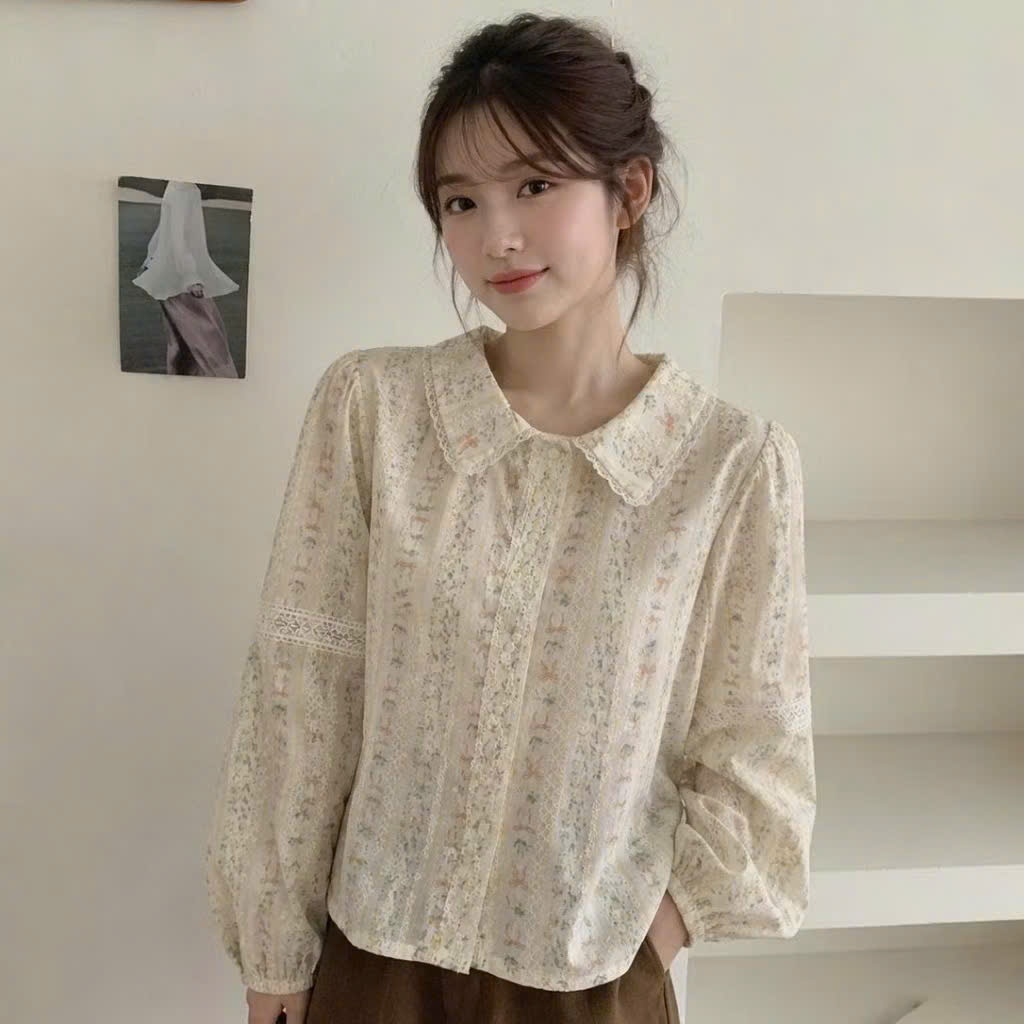 Áo Sơ Mi Nữ Tay Bồng Chất Thô Boi Hoa Dáng Croptop Viền Ren Vintage Thanh Lịch Joolate 1620