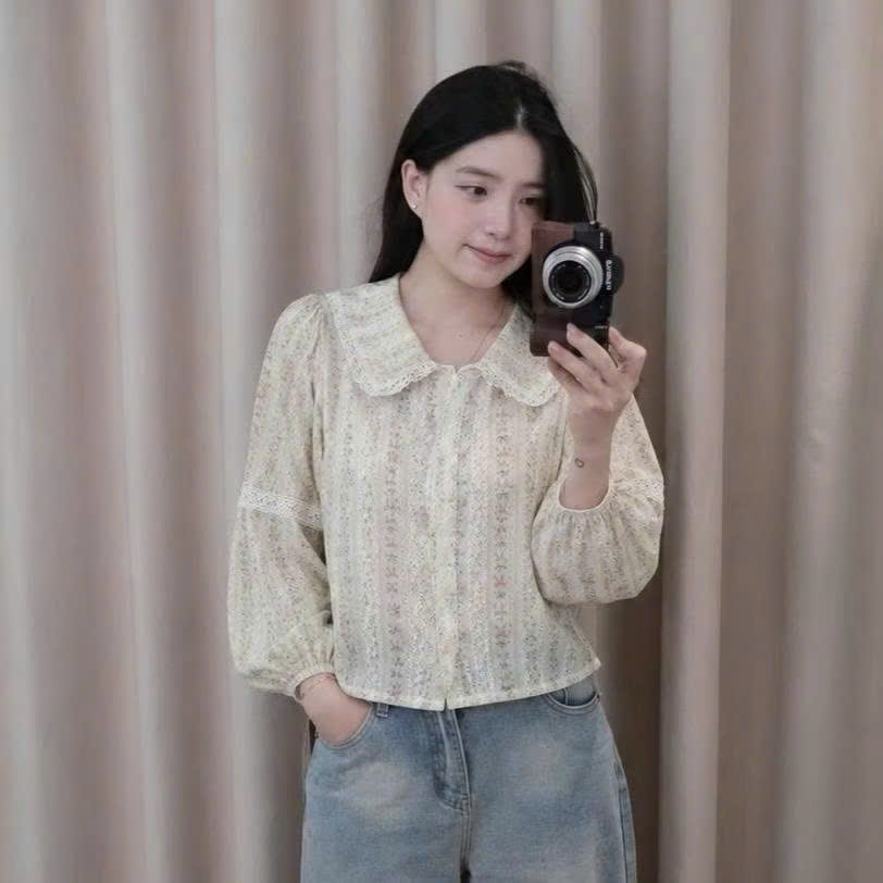 Áo Sơ Mi Nữ Tay Bồng Chất Thô Boi Hoa Dáng Croptop Viền Ren Vintage Thanh Lịch Joolate 1620
