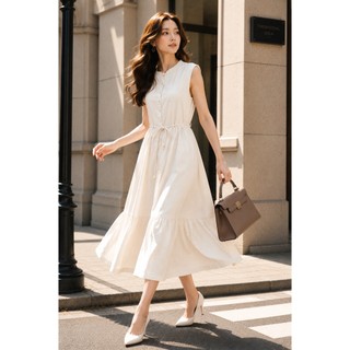 SWANLAKE | Váy Đầm Nữ Dài Đuôi Cá Xòe Sát Nách Vải Linen Hàn Cổ Trụ Cài Nút Công Sở Dạo Phố D13839