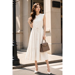 SWANLAKE | Váy Đầm Nữ Dài Đuôi Cá Xòe Sát Nách Vải Linen Hàn Cổ Trụ Cài Nút Công Sở Dạo Phố D13839
