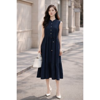 SWANLAKE | Váy Đầm Nữ Dài Đuôi Cá Xòe Sát Nách Vải Linen Hàn Cổ Trụ Cài Nút Công Sở Dạo Phố D13839