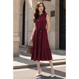 SWANLAKE | Váy Đầm Nữ Dài Đuôi Cá Xòe Sát Nách Vải Linen Hàn Cổ Trụ Cài Nút Công Sở Dạo Phố D13839