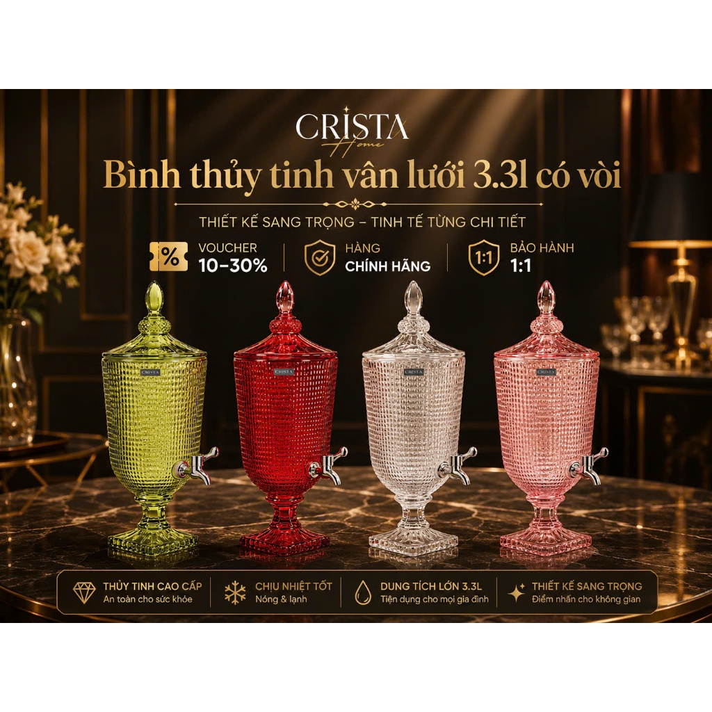 BÌNH THỦY TINH VÂN LƯỚI CRISTA HOME 3.3L – CAO CẤP, SANG XỊN HẾT NẤC