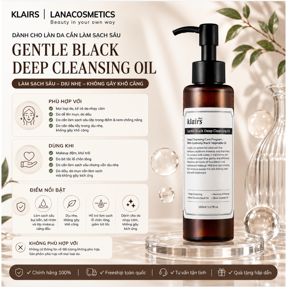 Dầu tẩy trang Klairs Gentle Black Deep Cleansing Oil - 150ml