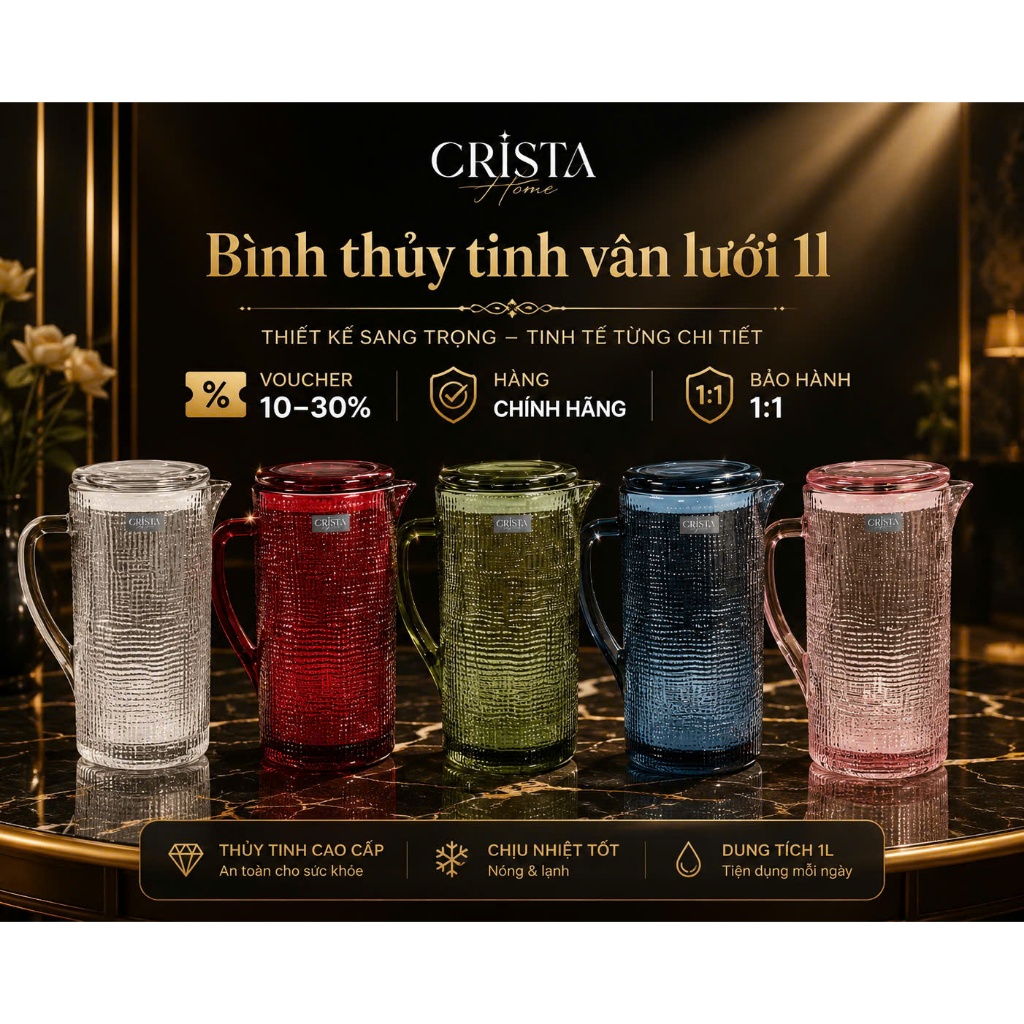 Bình Thủy Tinh Vân Lưới Dập Nổi CRISTA HOME 1L – Bình Đựng Nước Thủy Tinh Có Nắp Tre Cao Cấp