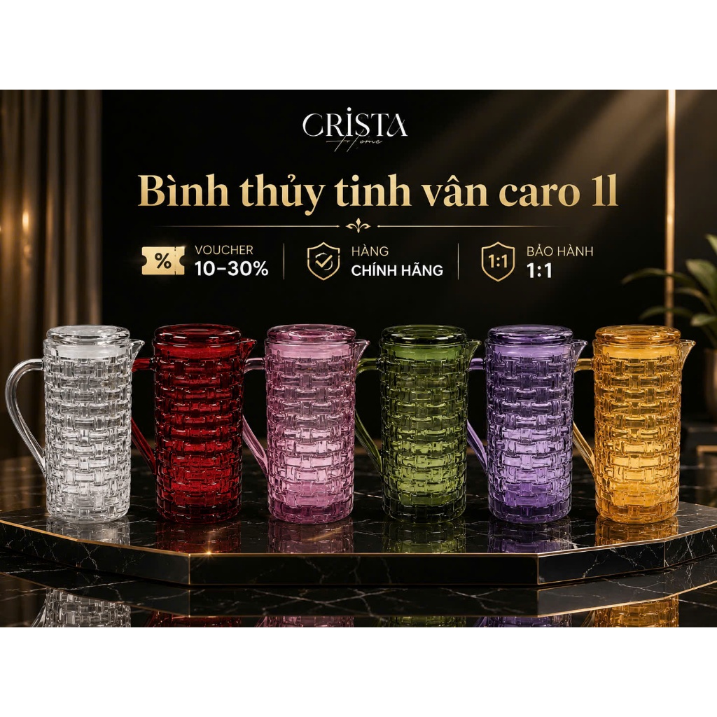 Bình Thủy Tinh 1L Vân Caro Crista Home cao cấp – Bán Sỉ SLL