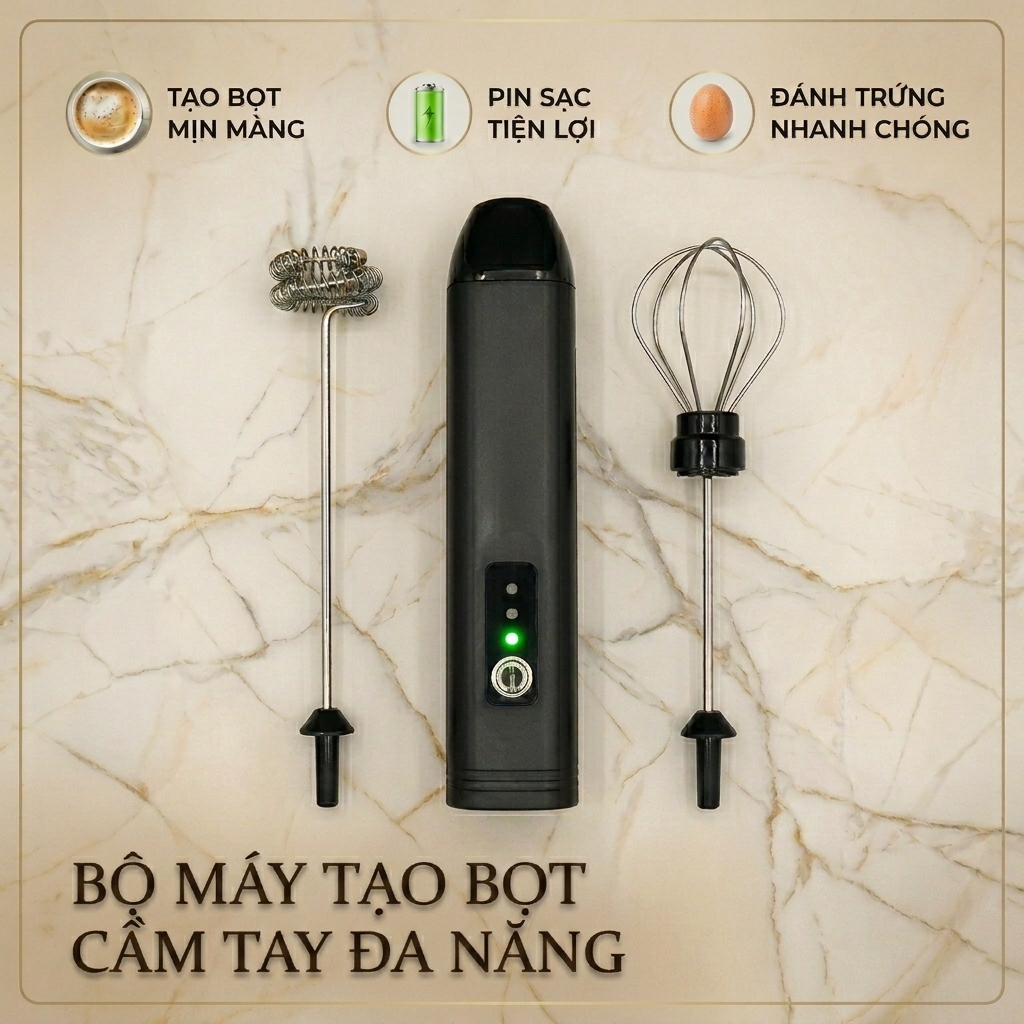 Máy Đánh Trứng, Đánh Sữa Và Tạo Bọt Cafe Di Động Cầm Tay 3 Tốc Độ Sử Dụng Pin Sạc Cao Cấp