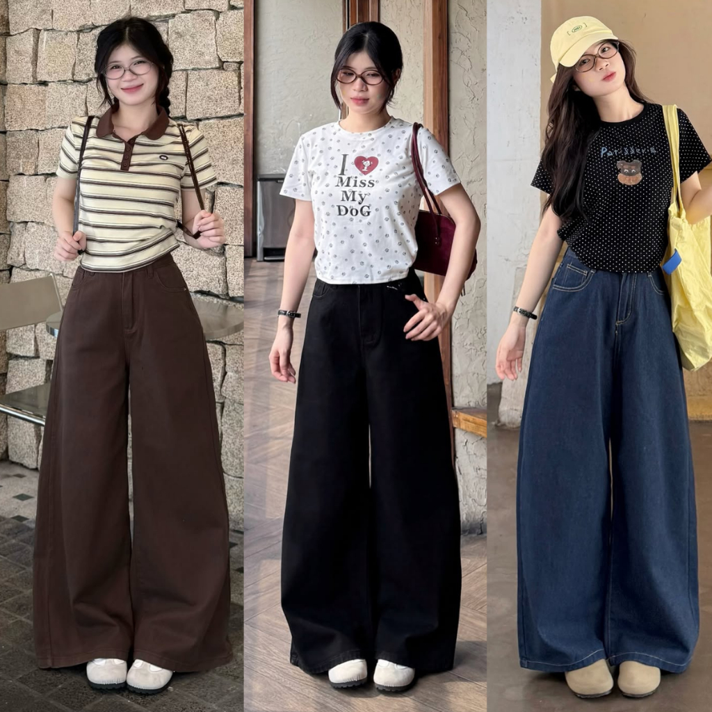 Quần Jean Nữ ống Rộng MIAA Dáng Rộng màu Trắng Nâu choco ống 33cm cạp cao tôn dáng Bigsize