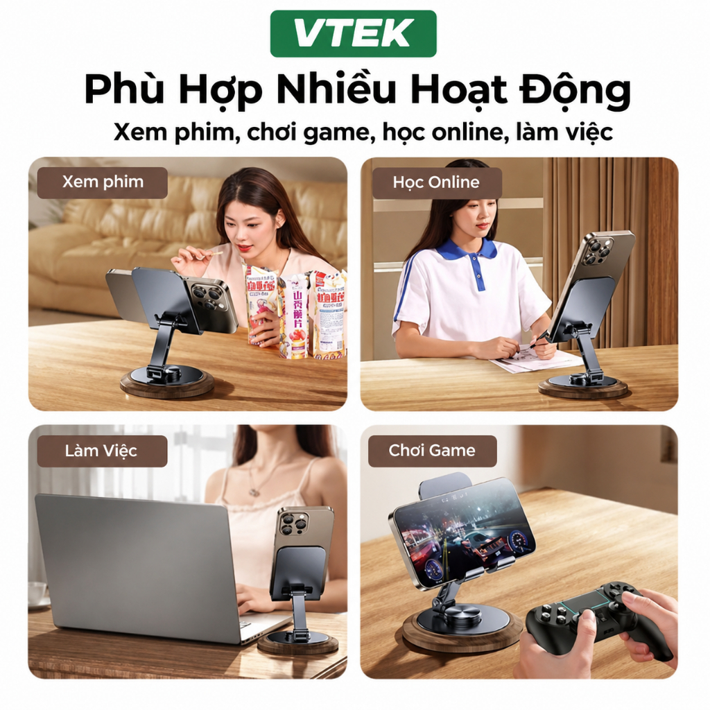 Giá đỡ điện thoại xoay 360 độ chất liệu NHÔM VTEK, Chống Trượt, Hợp Kim Chắc Chắn, Gấp gọn, Giá đỡ Livetream Học Tập