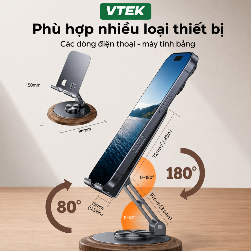 Giá đỡ điện thoại xoay 360 độ chất liệu NHÔM VTEK, Chống Trượt, Hợp Kim Chắc Chắn, Gấp gọn, Giá đỡ Livetream Học Tập