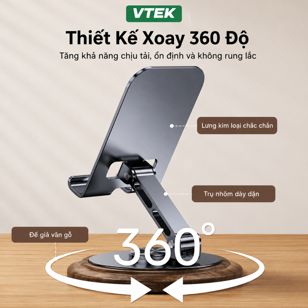 Giá đỡ điện thoại xoay 360 độ chất liệu NHÔM VTEK, Chống Trượt, Hợp Kim Chắc Chắn, Gấp gọn, Giá đỡ Livetream Học Tập