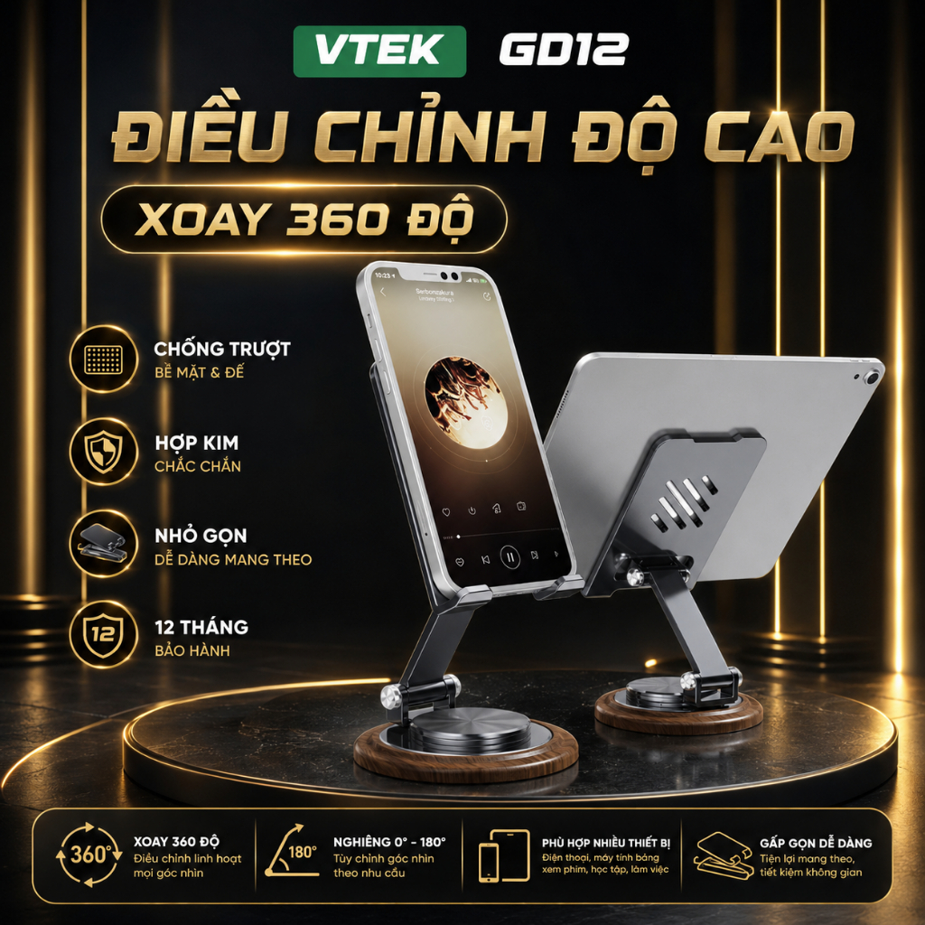 Giá đỡ điện thoại xoay 360 độ chất liệu NHÔM VTEK, Chống Trượt, Hợp Kim Chắc Chắn, Gấp gọn, Giá đỡ Livetream Học Tập