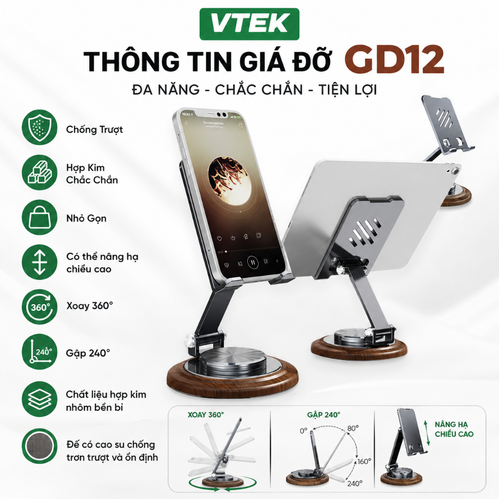 Giá đỡ điện thoại xoay 360 độ chất liệu NHÔM VTEK, Chống Trượt, Hợp Kim Chắc Chắn, Gấp gọn, Giá đỡ Livetream Học Tập