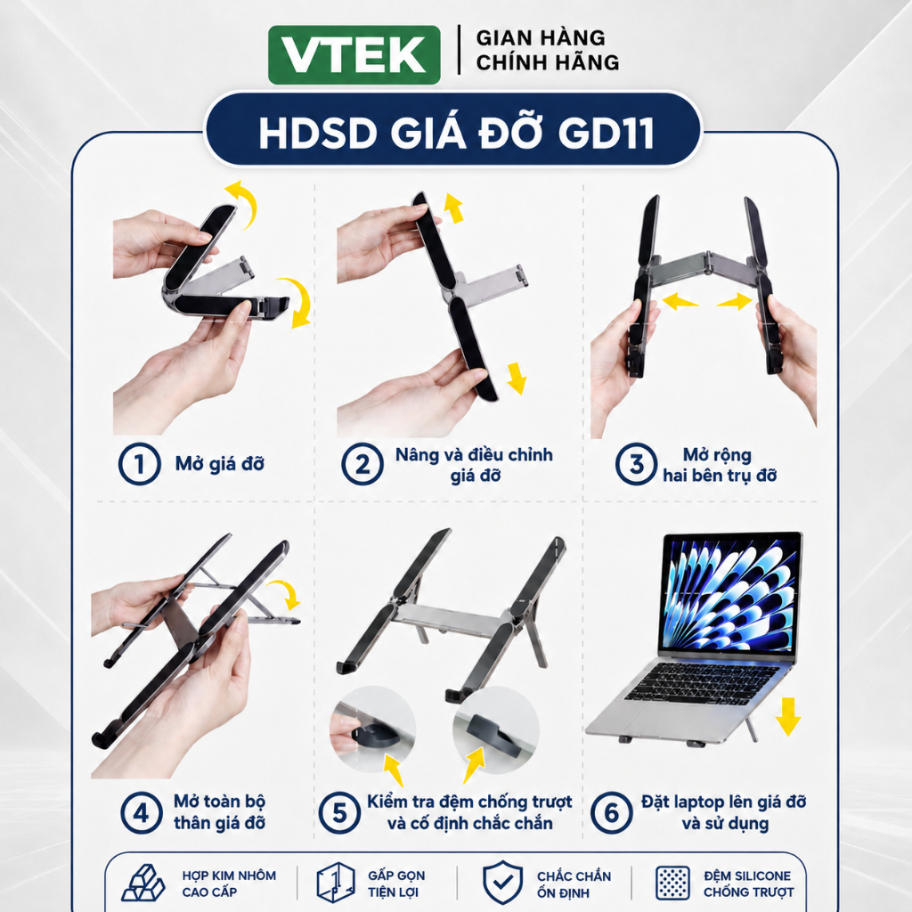 Giá đỡ laptop kim loại gấp nhỏ gọn VTEK, kệ để laptop, giá đỡ máy laptop GD11