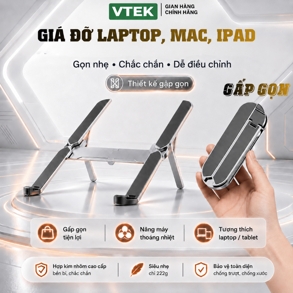 Giá đỡ laptop kim loại gấp nhỏ gọn VTEK, kệ để laptop, giá đỡ máy laptop GD11