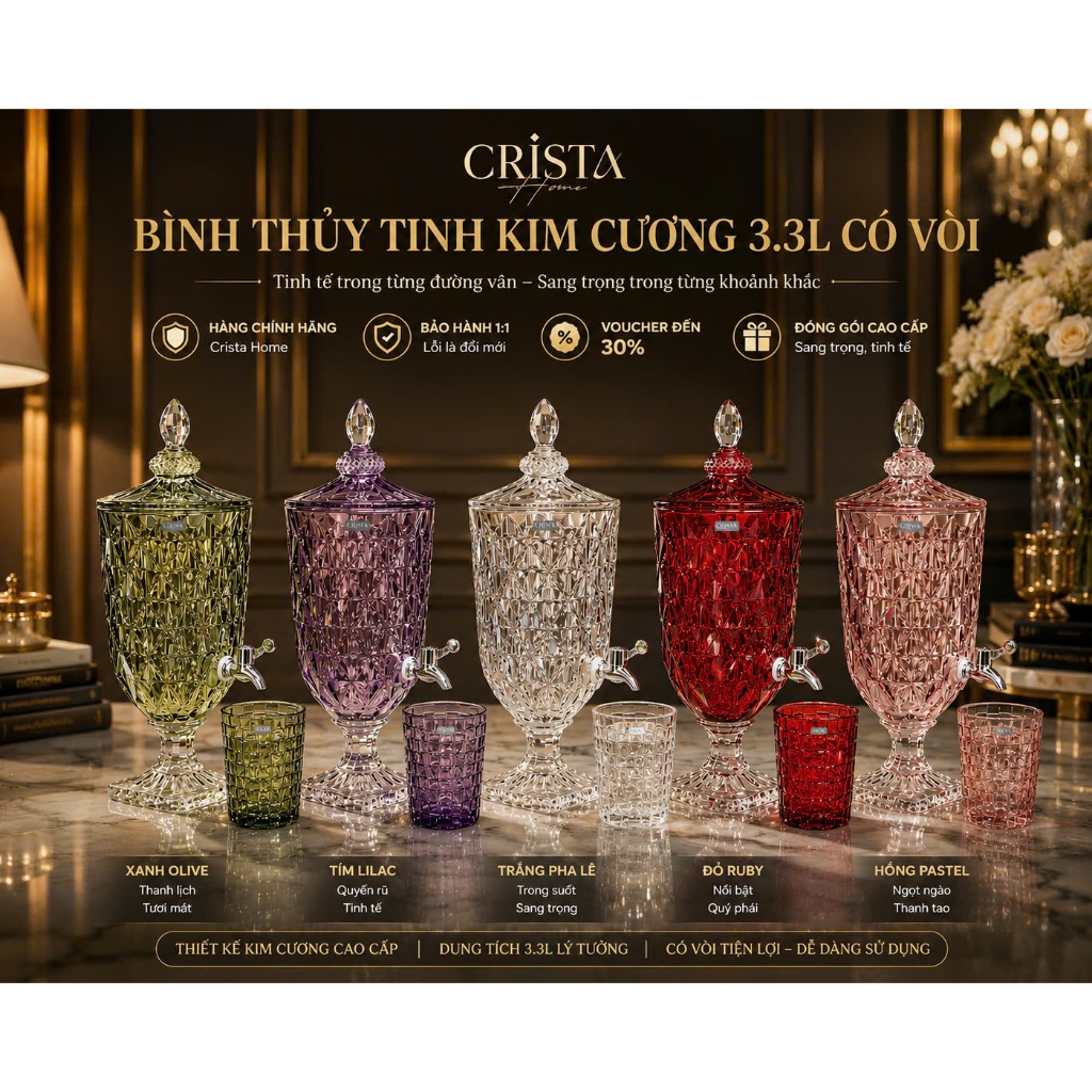 Bình Thủy Tinh 3.3L Crista Home Vân Kim Cương Cao Cấp | Bình Đựng Nước Detox, Trà Trái Cây Có Vòi Tiện Lợi – Mã 60244