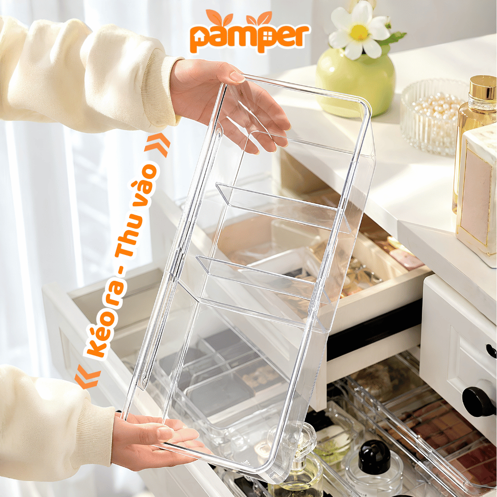 Khay Chia Ngăn Kéo Trong Suốt Có Vách Ngăn Đựng Đồ Đa Năng PAMPER Điều Chỉnh Chiều Dài Tiện Lợi