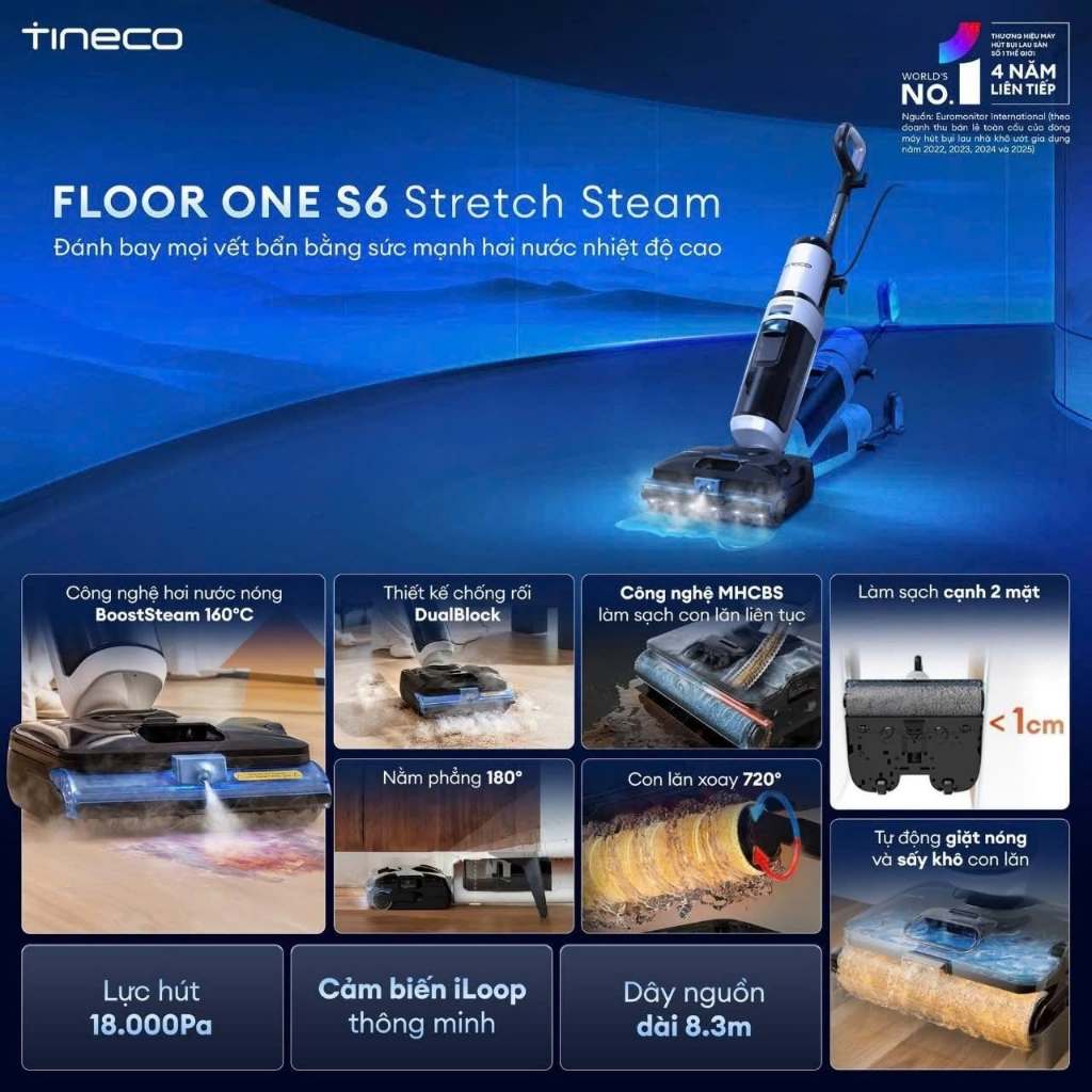 Máy hút bụi lau sàn khô ướt Tineco Floor One S6 Stretch Steam | I6 Stretch Plus - Bảo hành 24 Tháng