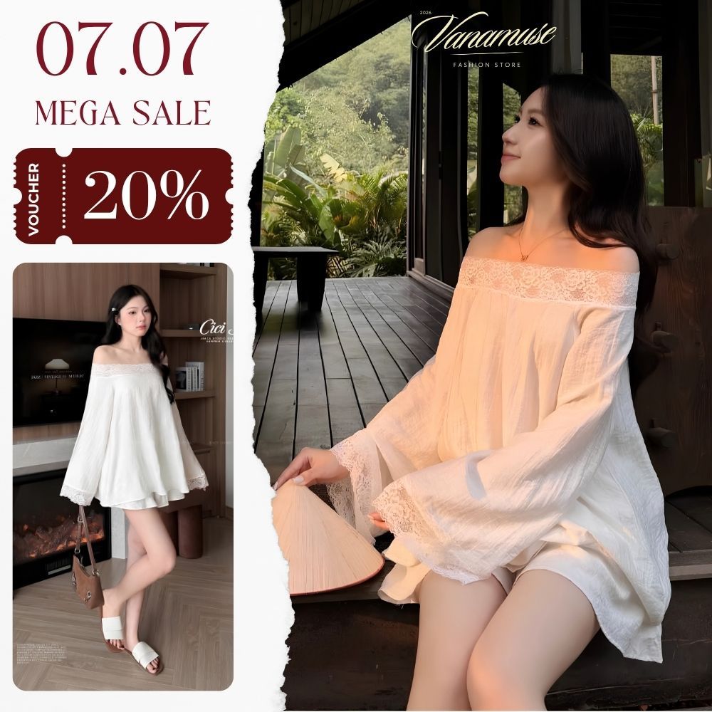 [7.7 MÃ LIVE GIẢM 20%] Set Áo Trễ Vai Mix Quần Short Phối Ren Chất Liệu Đũi Hàn Mềm Mịn Điệu Đà Tiểu Thư Sang Chảnh