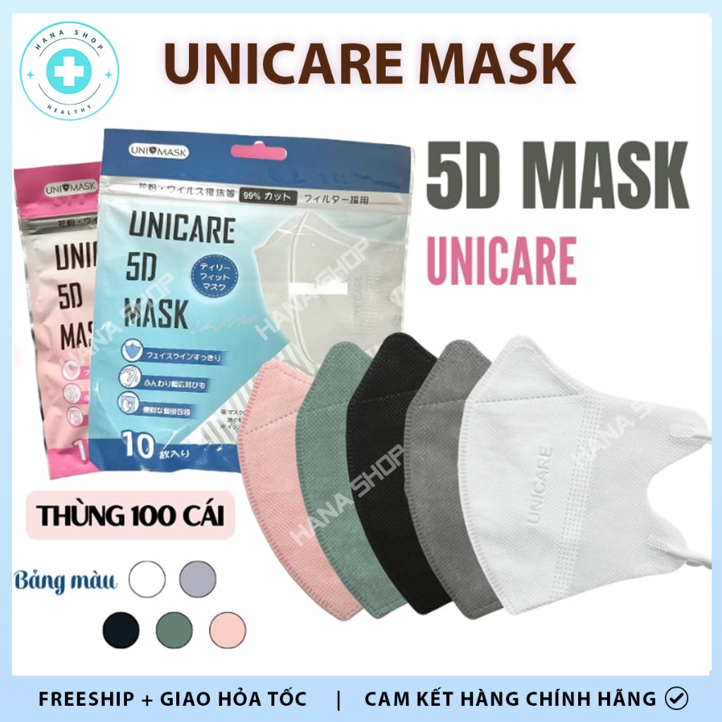 [Thùng 100 Cái] Khẩu Trang 5D Uni Mask UniCare 3 Lớp Kháng Khuẩn Hàng Chính Hãng Lọc Bụi Mịn
