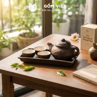 Bộ ấm chén tử sa đất nung dáng mini nhỏ gọn, kèm khay cao cấp - Gốm sứ Bát Tràng -  Gốm Việt