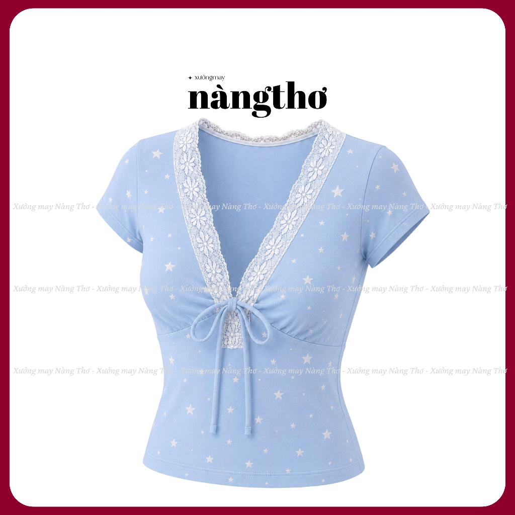 377[MÀU ĐỘC QUYỀN] Áo Kiểu Nữ Ôm Body Y2K Cổ Tim Phối Ren Cột Dây Chất Thun Cotton Mịn