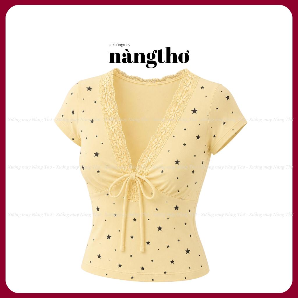 377[MÀU ĐỘC QUYỀN] Áo Kiểu Nữ Ôm Body Y2K Cổ Tim Phối Ren Cột Dây Chất Thun Cotton Mịn