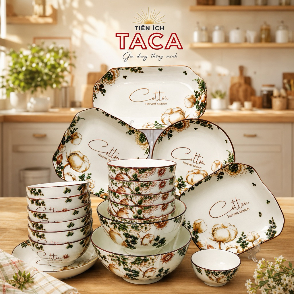 Bộ bát Hoa Hồng Pháp Gốm sứ xuất khẩu 21 chi tiết, bát đĩa ăn cơm gia đình, chén đĩa cao cấp
