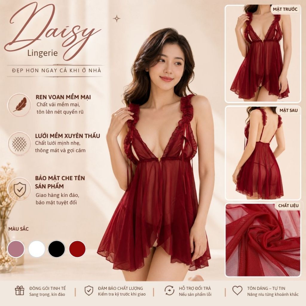 [Hỏa Tốc, Bảo Mật] Váy Ngủ Nữ Ren Voan Phối NơThắt Ngực Dáng Babydoll Quyến Rũ Kèm Quần - Mã VN152