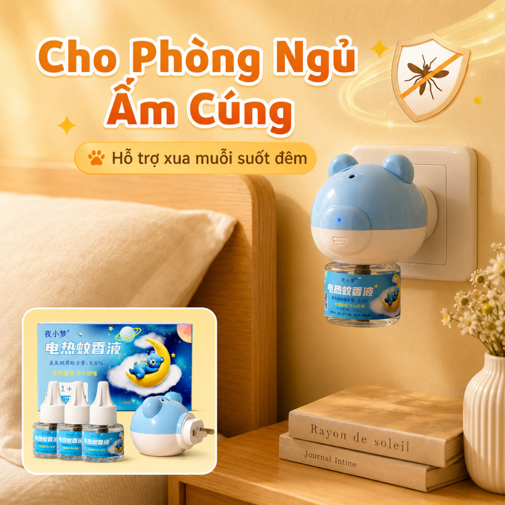 Đuổi Muỗi Cắm Điện Siêu Lâu｜1 Máy + 3 Chai Tinh Dầu｜Xua Muỗi Cả Đêm｜An Toàn Cho Bé｜Thiết Kế Gấu Cute