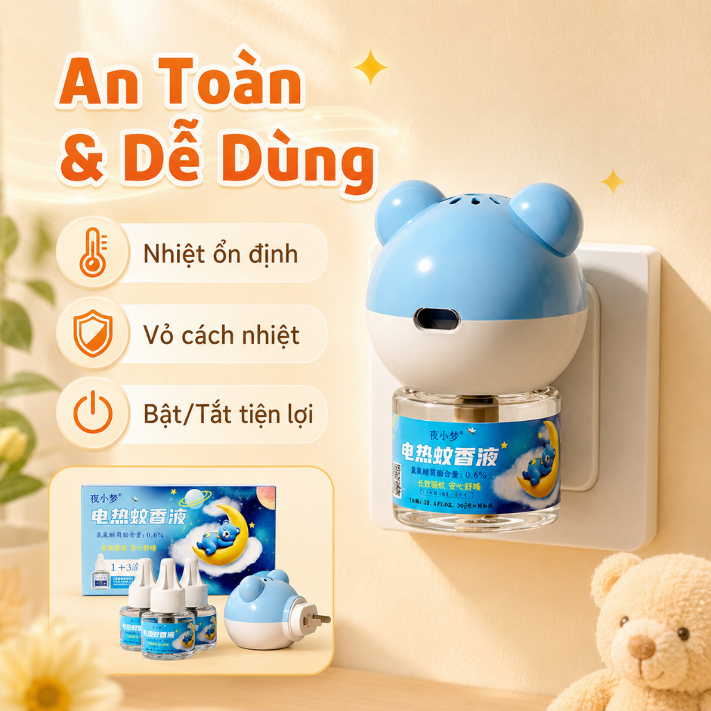 Đuổi Muỗi Cắm Điện Siêu Lâu｜1 Máy + 3 Chai Tinh Dầu｜Xua Muỗi Cả Đêm｜An Toàn Cho Bé｜Thiết Kế Gấu Cute