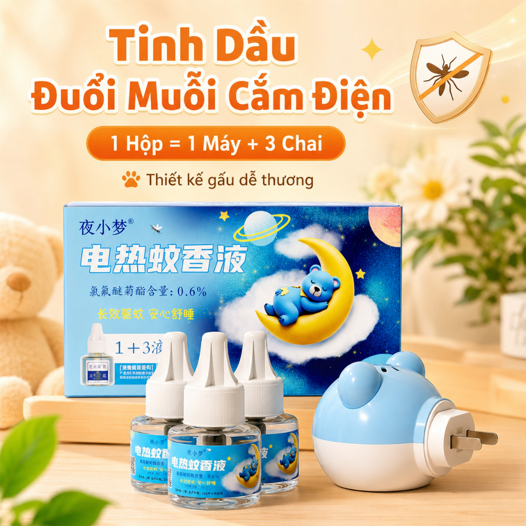 Đuổi Muỗi Cắm Điện Siêu Lâu｜1 Máy + 3 Chai Tinh Dầu｜Xua Muỗi Cả Đêm｜An Toàn Cho Bé｜Thiết Kế Gấu Cute