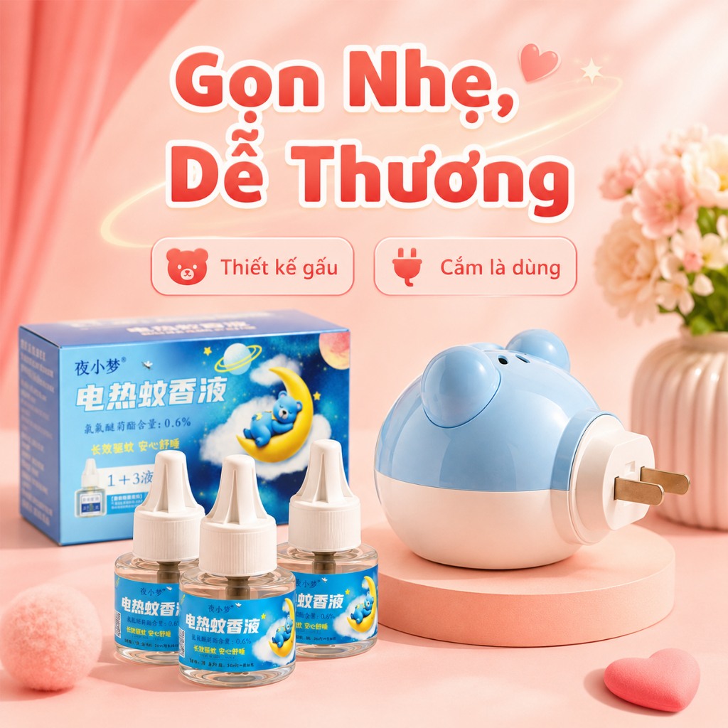 Đuổi Muỗi Cắm Điện Siêu Lâu｜1 Máy + 3 Chai Tinh Dầu｜Xua Muỗi Cả Đêm｜An Toàn Cho Bé｜Thiết Kế Gấu Cute