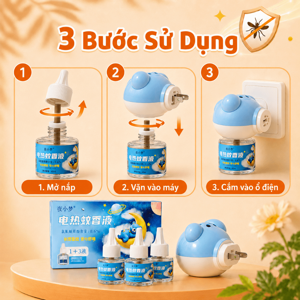 Đuổi Muỗi Cắm Điện Siêu Lâu｜1 Máy + 3 Chai Tinh Dầu｜Xua Muỗi Cả Đêm｜An Toàn Cho Bé｜Thiết Kế Gấu Cute