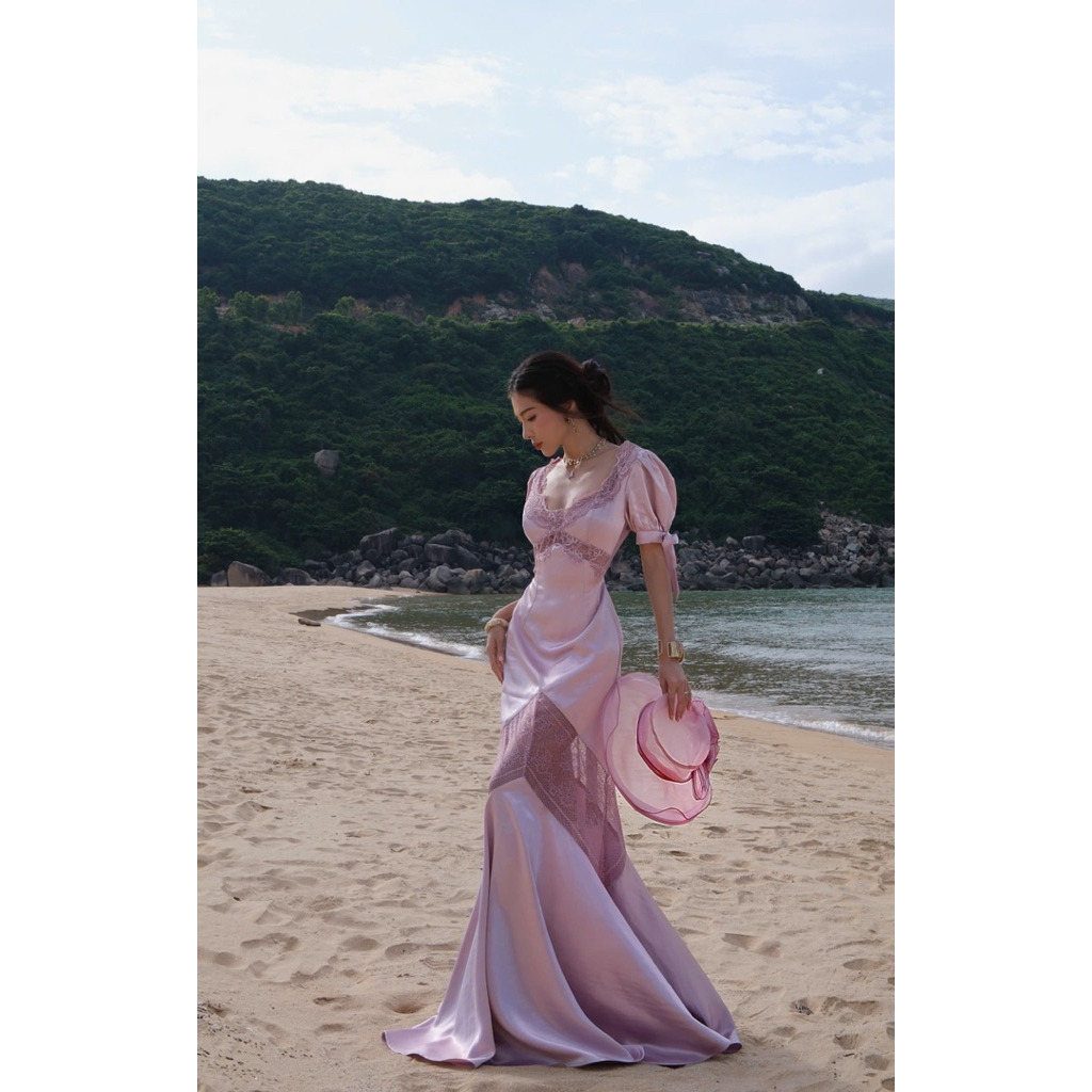 MOLISA DRESS - ĐẦM LỤA TÍM ÁNH HỒNG PHỐI REN CAO CẤP