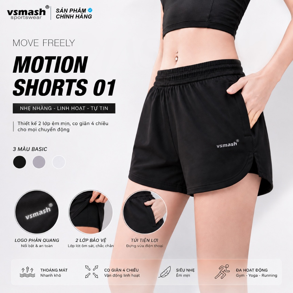 Quần Thể Thao Nữ Motion Shorts 4IN Có Túi 2 Lớp Vsmash Sportswear Short Thể Thao Chạy Bộ Co Giãn tập l
