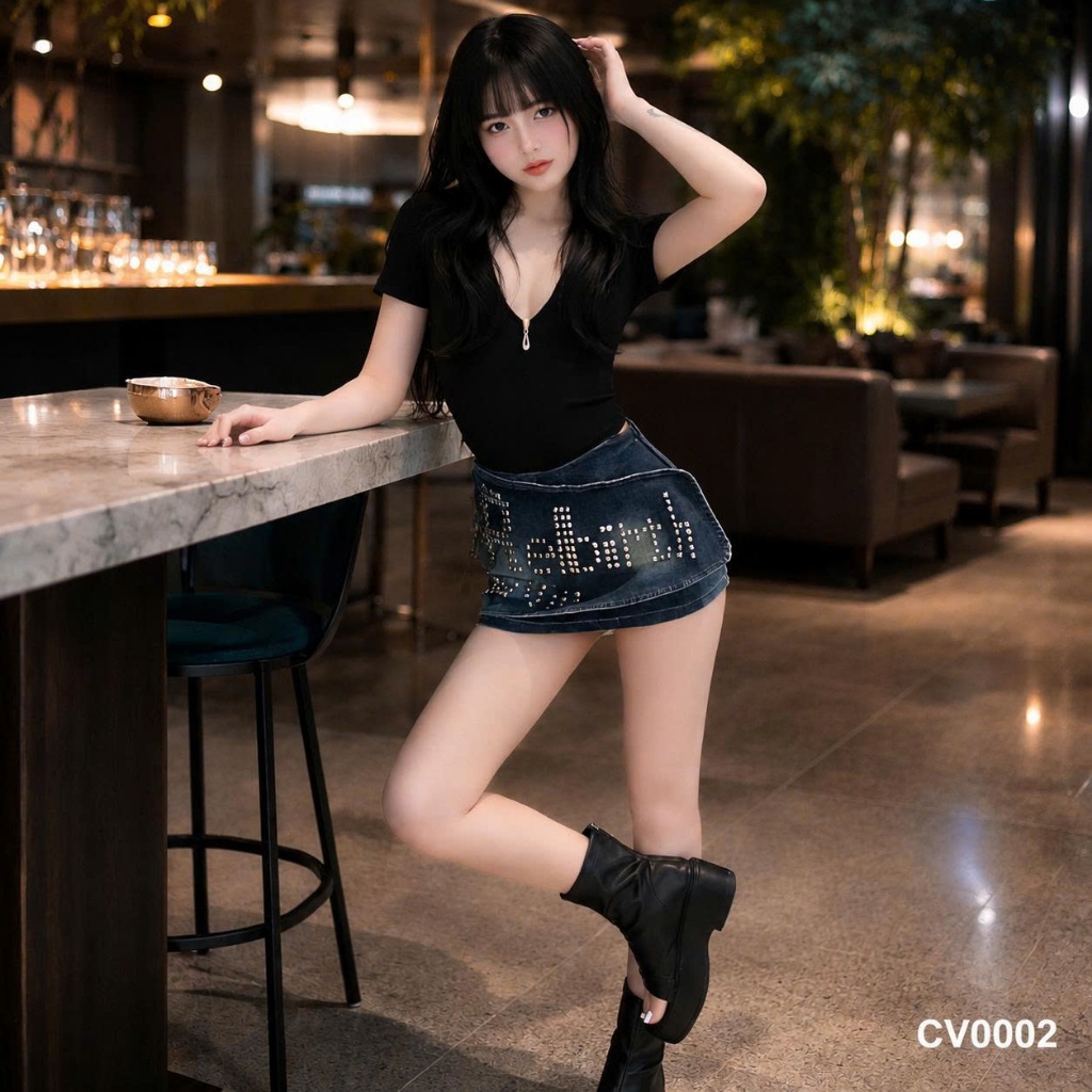 Chân váy ngắn jean denim bò chữ A ôm đính đá HiNa QCCC QCL1 CV0002 #7105