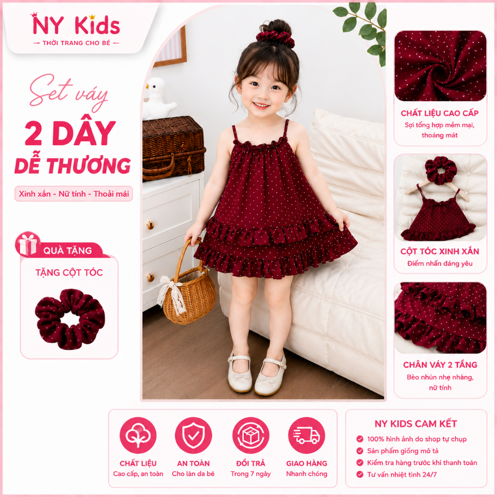 Váy bé gái - Váy 2 dây chấm bi phối bèo tầng chất liệu đũi cao cấp ( Tặng kèm cột tóc ) K03