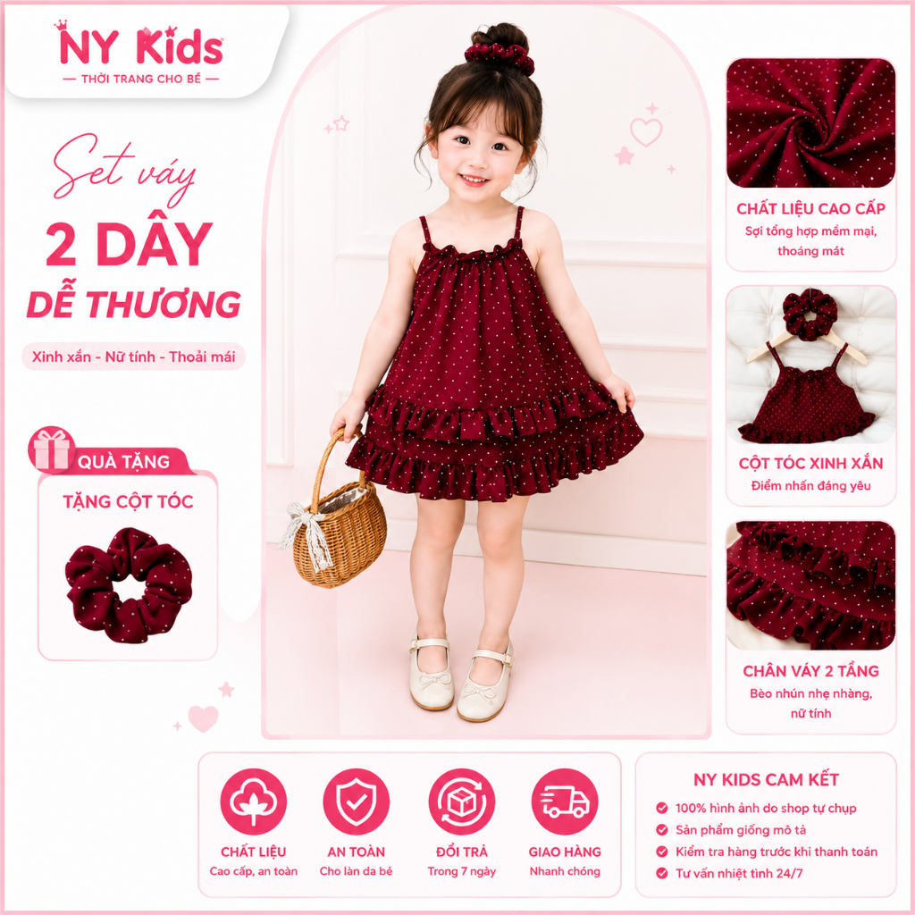 Váy bé gái - Váy 2 dây chấm bi phối bèo tầng chất liệu đũi cao cấp ( Tặng kèm cột tóc ) K03