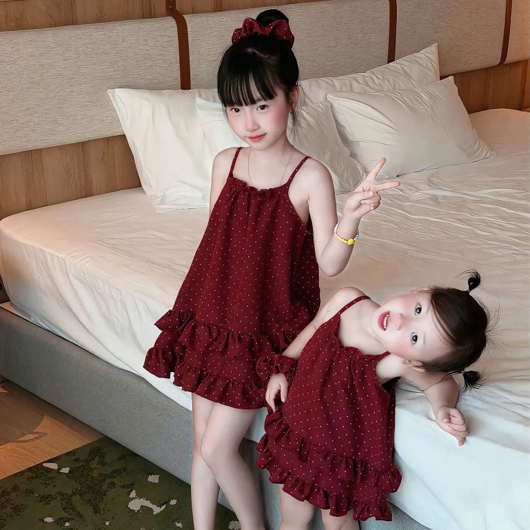 Váy bé gái - Váy 2 dây chấm bi phối bèo tầng chất liệu đũi cao cấp ( Tặng kèm cột tóc ) K03