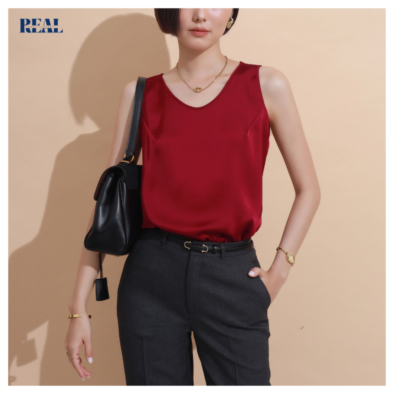 Áo lụa cổ tròn không tay basic REAL CLOTHES (tổng hợp màu), vải lụa Tô Châu cao cấp, mềm mát