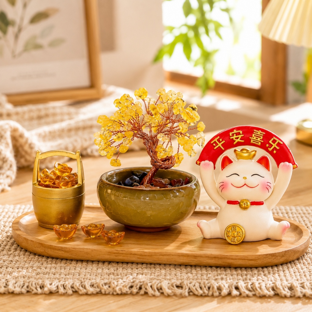 Set Cây Tài Lộc Mèo Thần Tài Thùng Vàng Phong Thủy Cao Cấp - Bộ Decor Bàn Làm Việc Quà Tặng Khai Trương Thu Hút Tài Lộc