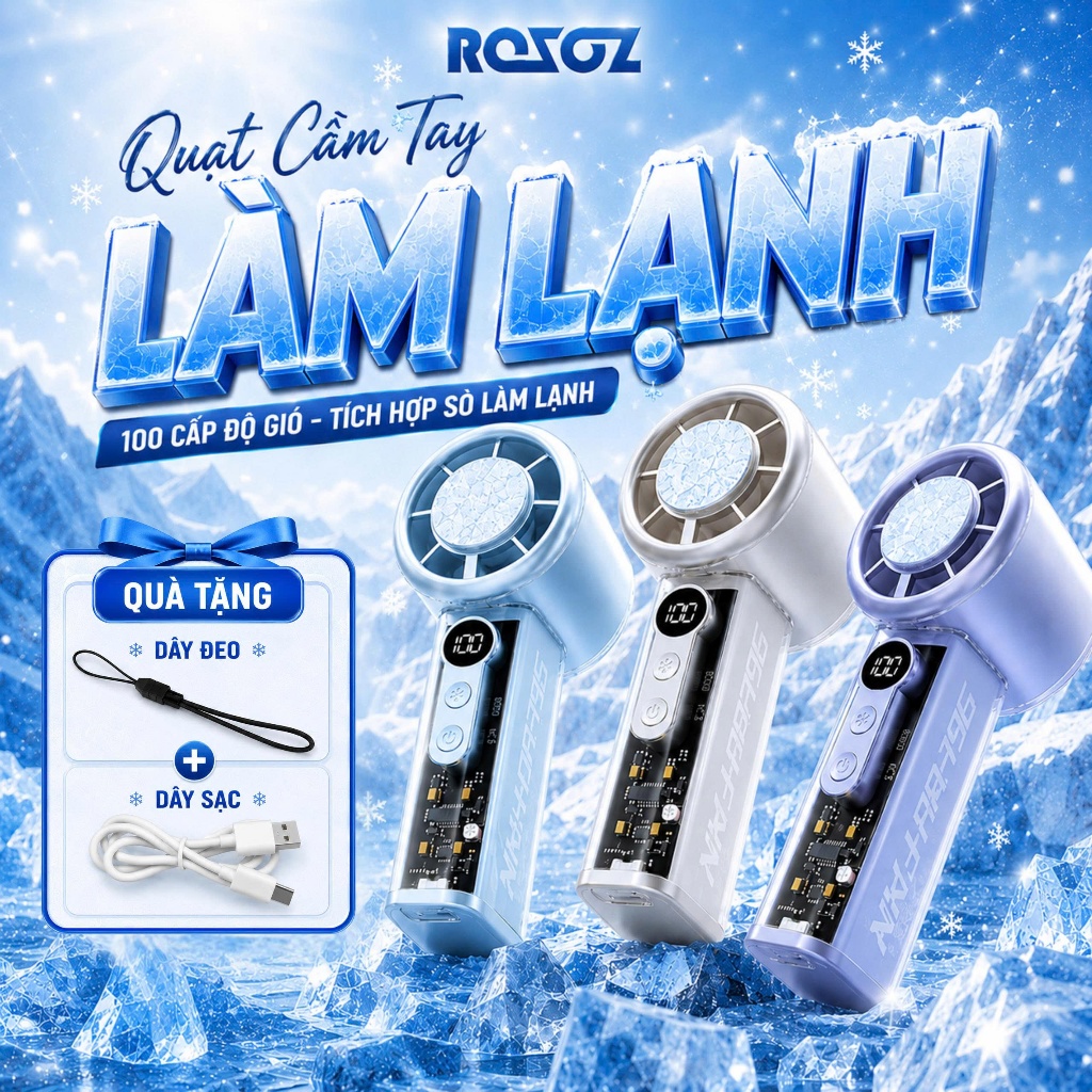 Quạt Cầm Tay Làm Lạnh Siêu Nhanh 100 Cấp Gió, Có Đèn LED, Pin Trâu 4-6H, Màn Hình LED Cao Cấp