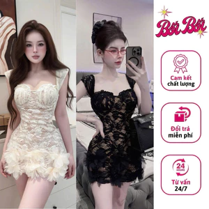 Đầm Body Ren Nhún Thân Thiết Kế Vai Én Phối Hoa Laser Kết Cánh Sang Chảnh